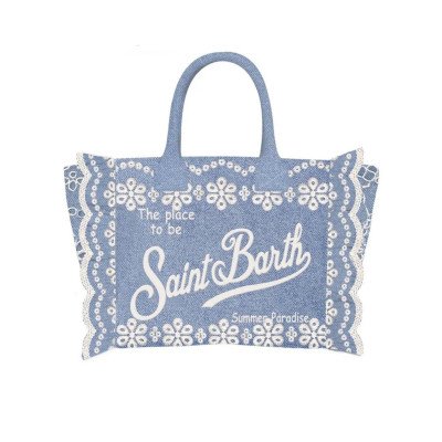 MC2 SAINT BARTH COLETTE VOLANT N-HAND BAG WITH STRAP-SANGALLO FLOWERS DENIM EMB